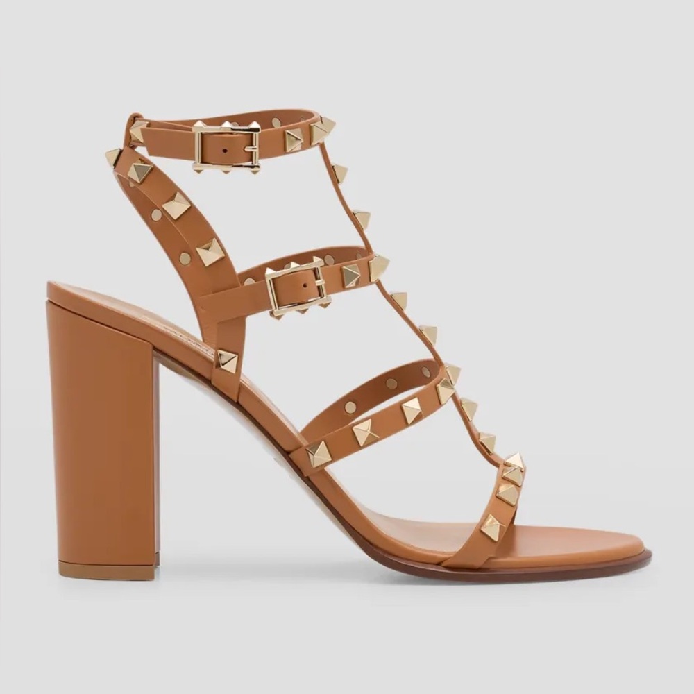 Valentino Garavani 90mm Rockstud Caged T-Strap Leather Sandals Brown 8.5 - Picture 2 of 16